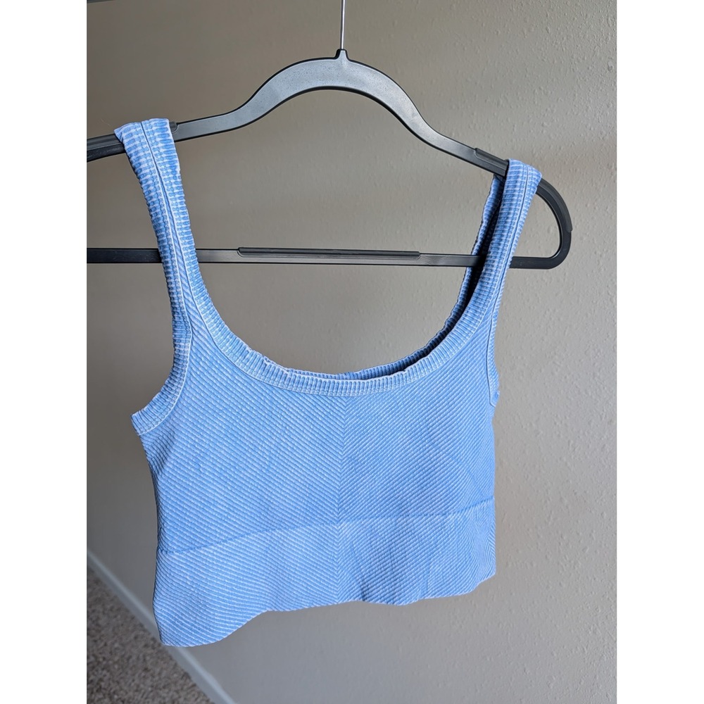 Blue Acid Wash Seamless Ribbed Chevron Crop Top Tank Women Small Medium